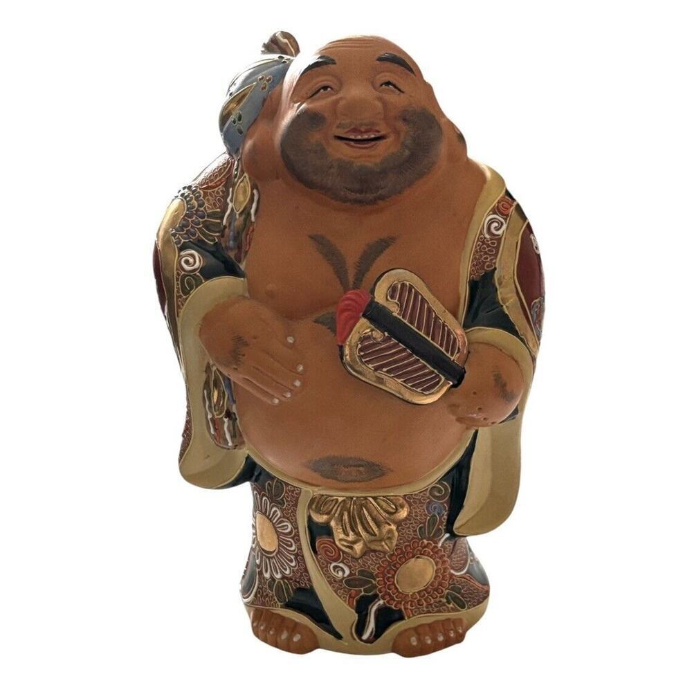 Japanese Antique Kutani Ware Porcelain Hotei Statue 9 Inch Lucky God Shouwa Era.